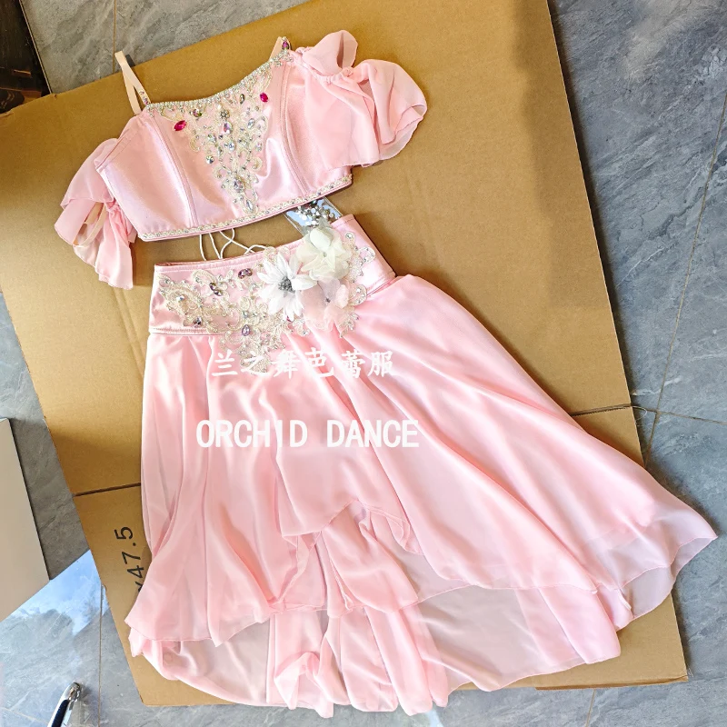Women peach pink off-shoulder bubble short sleeve split ballet costume set full rhinestone vine embroidery 3D flower irregular c