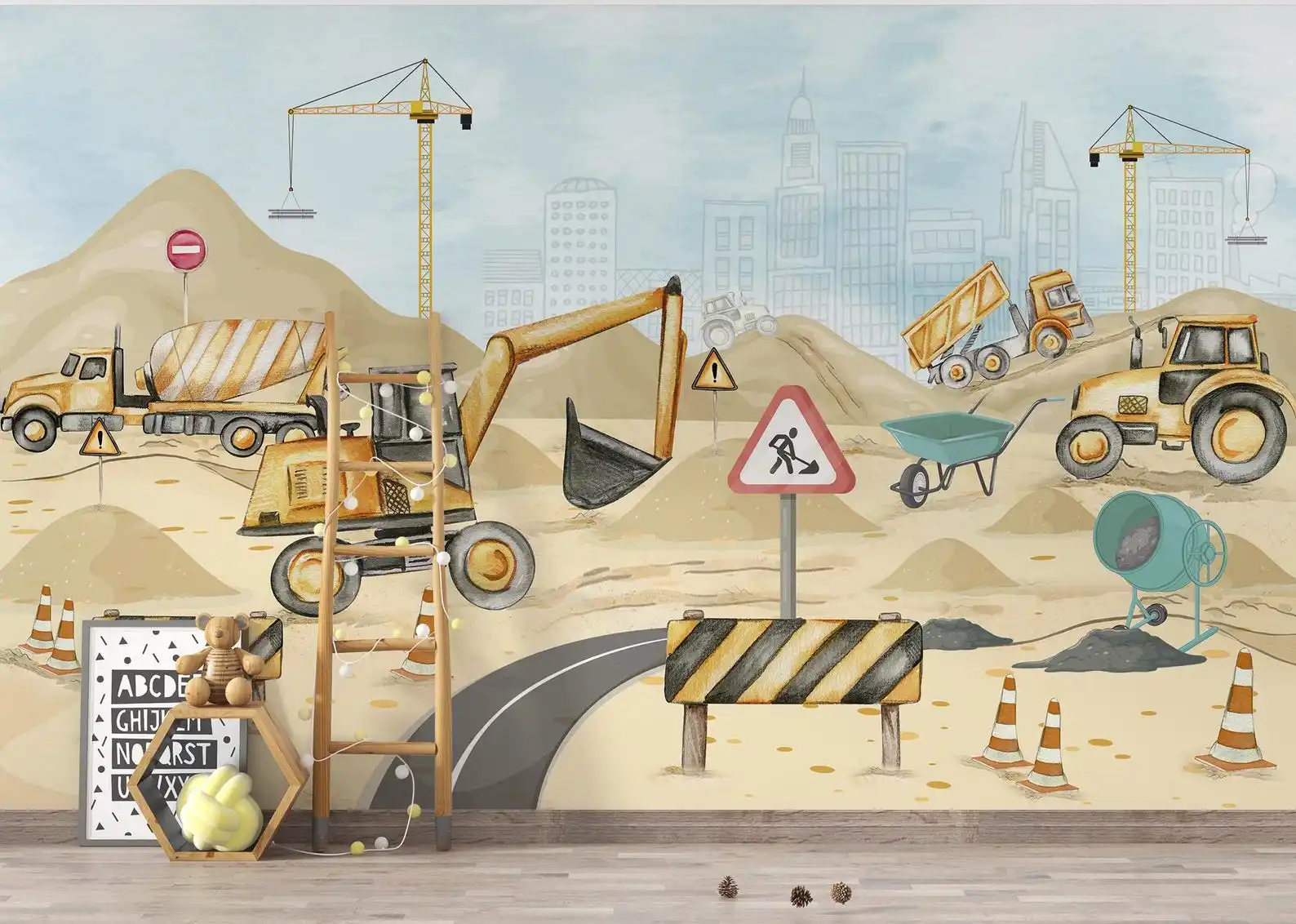 Customized Wallpaper Engineering Vehicle Wallpaper Cartoon Playful Mural Kindergarten Baby Room Toy Room Cartoon 3D Wallpaper