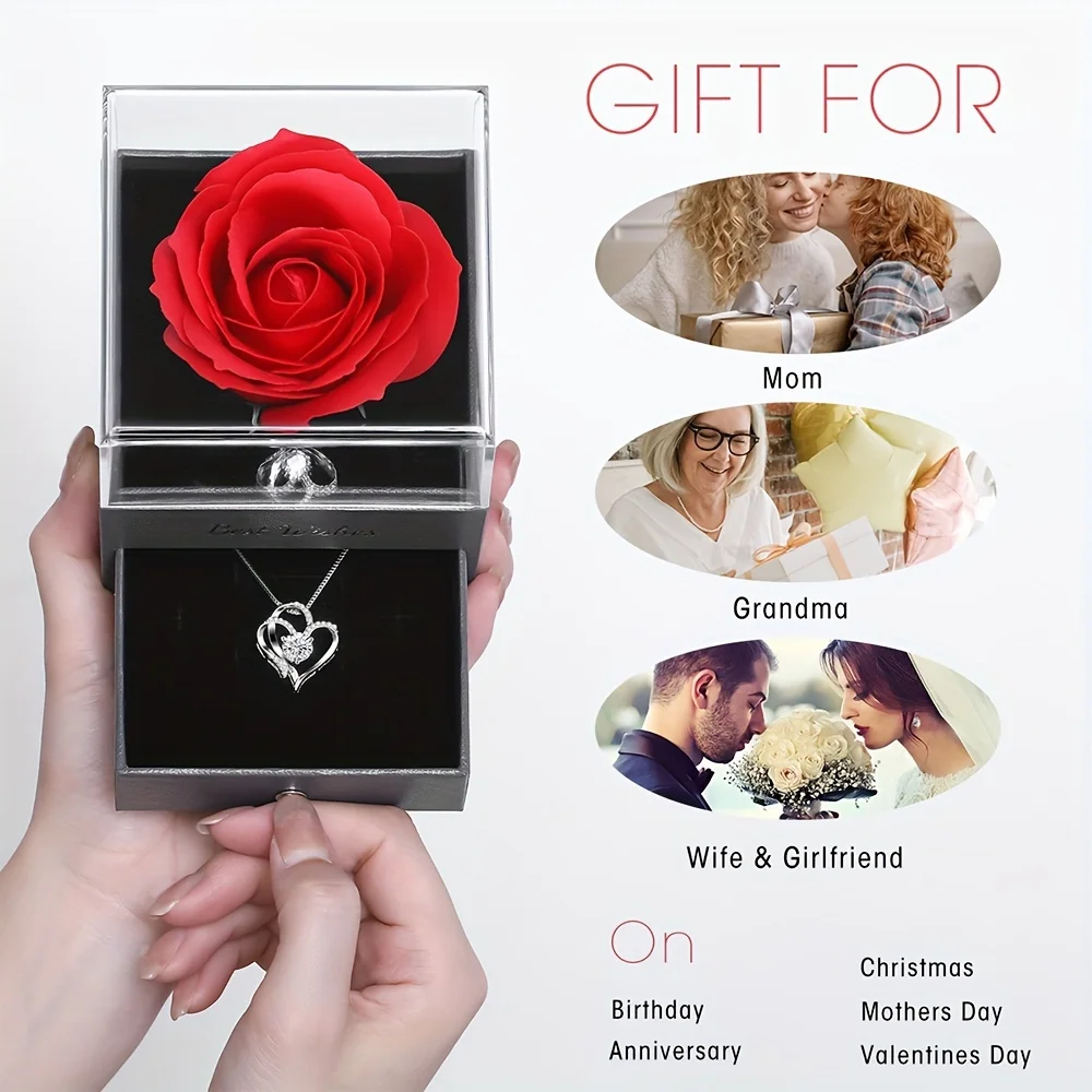 Exquisite Simulation Rose Box & Heart Necklace - Perfect for Women - Anniversary, Birthday, Christmas, Mothers Day Gifts