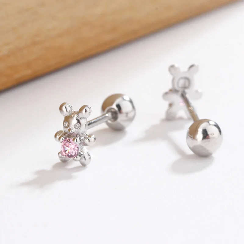 New Exquisite Sweet Small Bear Screw Earrings For Women Girls With Pink Zircon Cute Playful Party Jewelry Accessories Gifts
