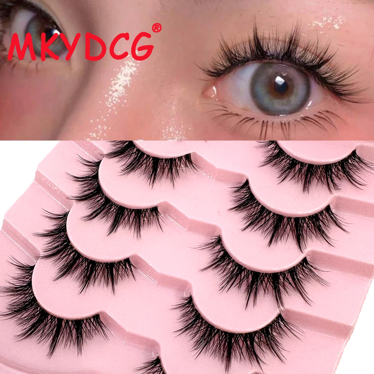 5pair Transparent Stem Manga Lashes Anime Cosplay Faux Mink Lashes Natural Full Strip Lashes Clear Band Soft Eyelashes Extension