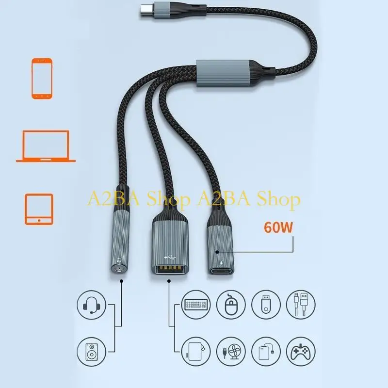 

A2BA USB Type C Кабель-концентратор 3 в 1 Звук 3,5 мм PD60W Быстрая зарядка OTG Подключение для передачи данных