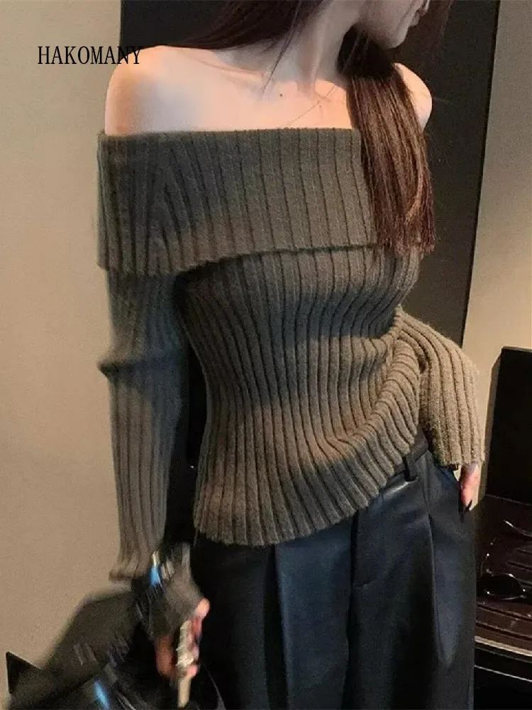 2022 Sexy Women Full Sleeve Slim Stretch Knitwear Jumper Autumn Winter Solid Color Rib Knitted Off the Shoulder Pullover Sweater