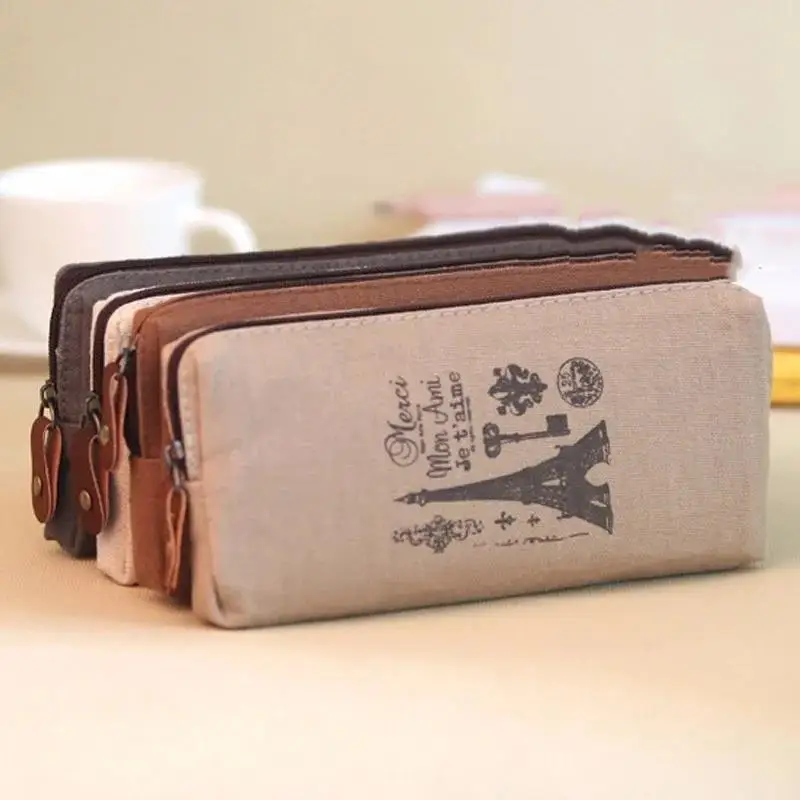 Sac à crayons en lin rétro, 1/2 pièces, rangement de papeterie de Style Paris, fournitures scolaires et de bureau