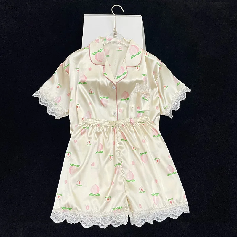 

Peaches Women Pajamas Set Pijama Silk Satin Pyjamas Women Loungewear Lapel Short-sleeved Homewear Ice Silk Summer Pajamas Woman