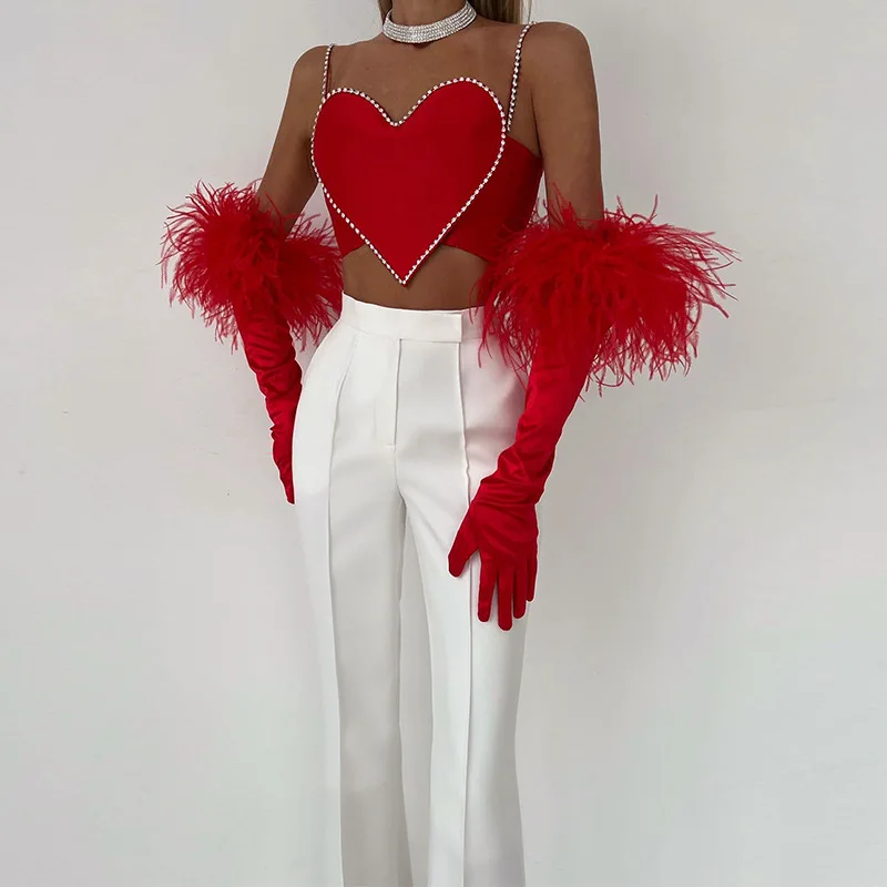 

2026 Women's Clothing Love Diamond-encrusted Tube Top Suspender Short Vest Open Button Top Women