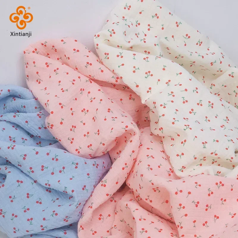 1m/2m/5m 100% Cotton Crepe Fabric Double Layer Cherry Print Gauze Children Pajamas Quilt Fabric DIY Sewing Blanket Material