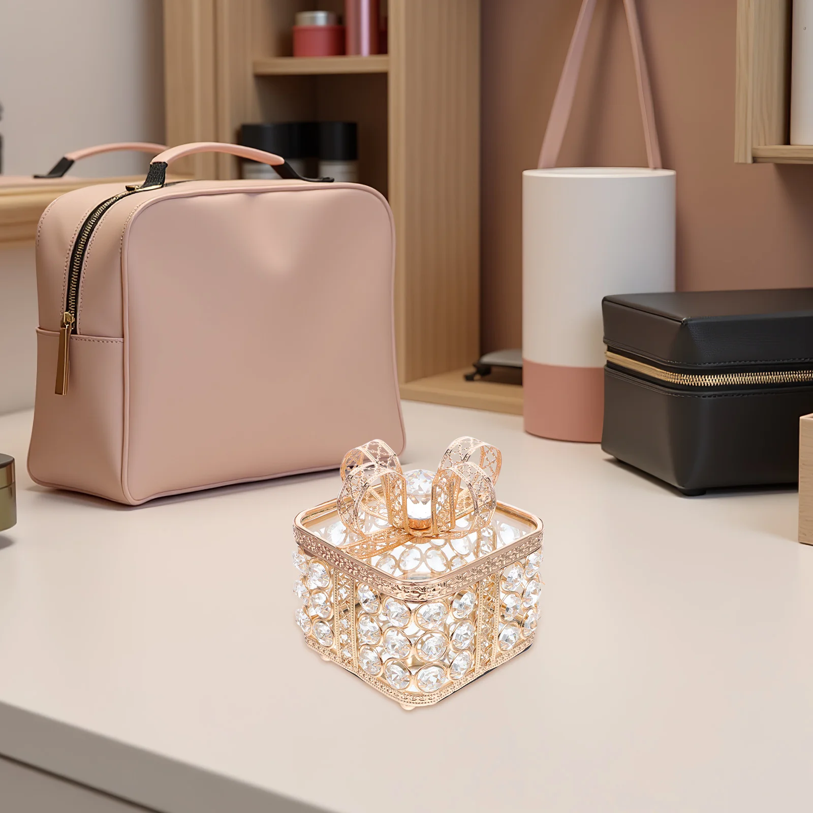 

Crystal Mirrored Vintage Jewelry Box Bow Design Metal Storage for Ring Necklace Earring Organizer Women's Vanity Table