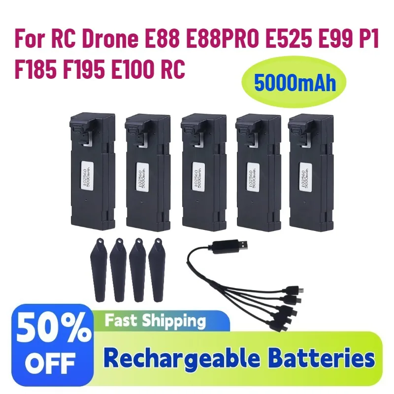 

New 3.7V 5000mAh Rechargeable Li-ion Battery for RC Drone E88 E88PRO E525 E99 P1 F185 F195 E100 RC Quadcopter Parts Battery