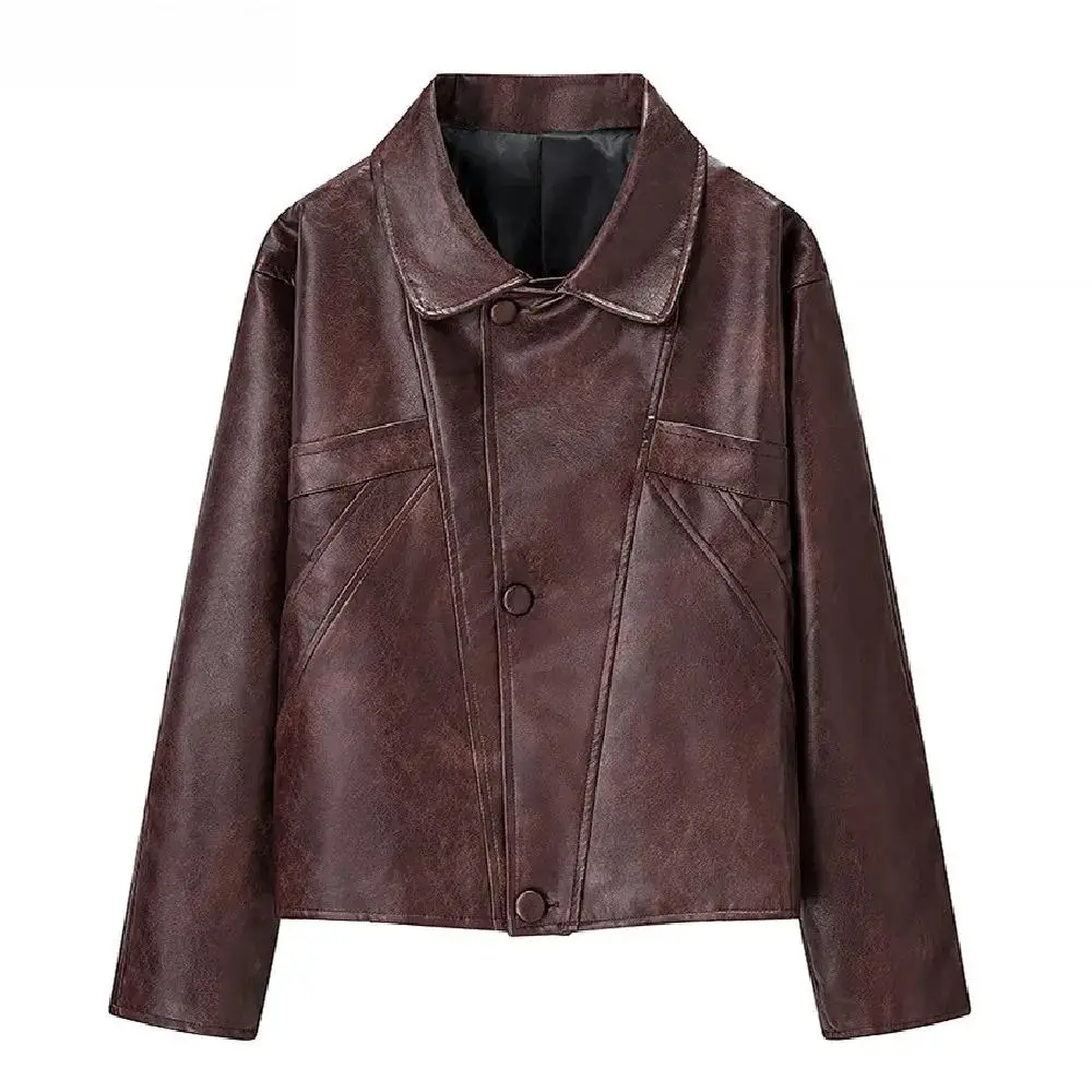 2026 Autumn American Retro Women Washing Brown PU Leather Jacket Lapel 3 Buttons Full Sleeve Coat Loose Short Outerwear