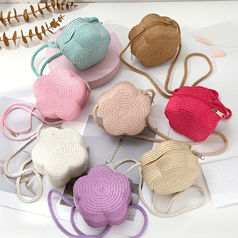 Cute Plum Blossom Handmade Straw Bag for Women Summer Crossbody Coin Storage Woven Bag