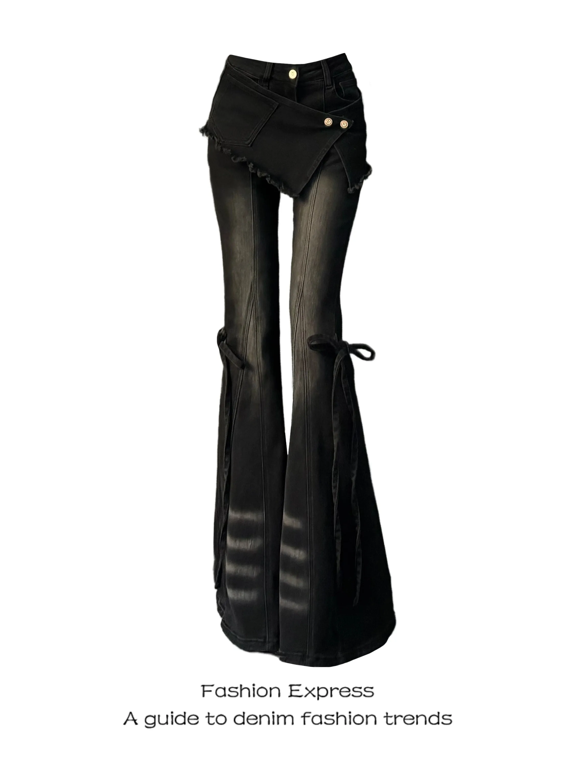

Tie Up Flare Jeans with Coverups Vintage Wash Black Stretch Low Rise Wrap Skirt Pants Punk Grunge Women Bell Bottoms