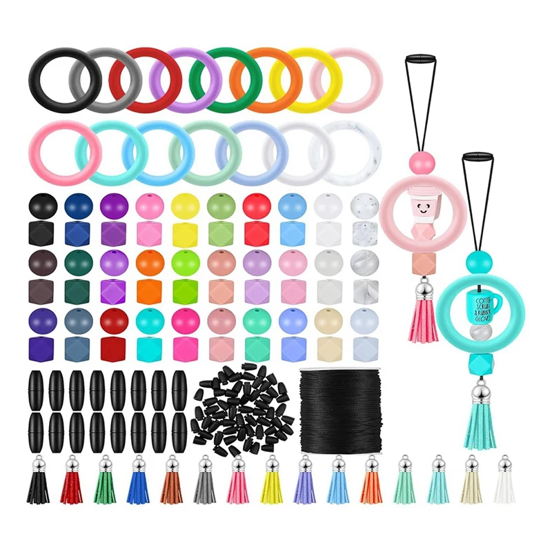 Silicone frisado anel fazendo kit, contas redondas, borla para DIY chaveiro, durável, 15 conjuntos, 65mm