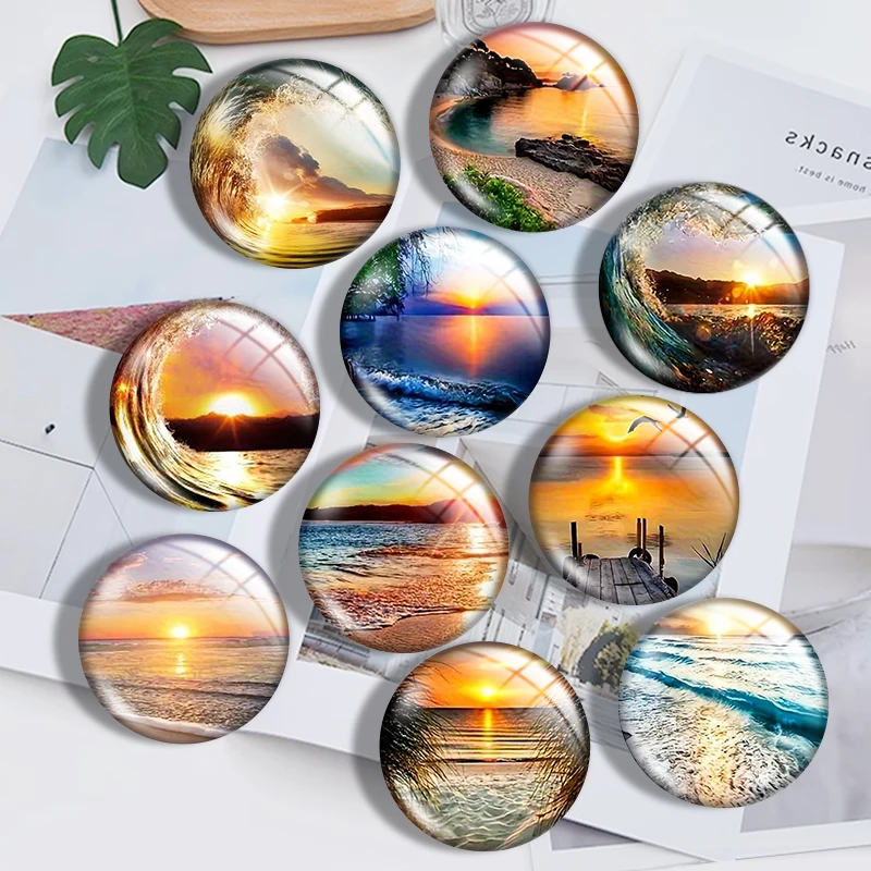Beach Scene  10pcs 12mm14mm/16mm/18mm/20mm/25mm Round Photo Glass Cabochon Demo Flat Back Making Findings Jewelry