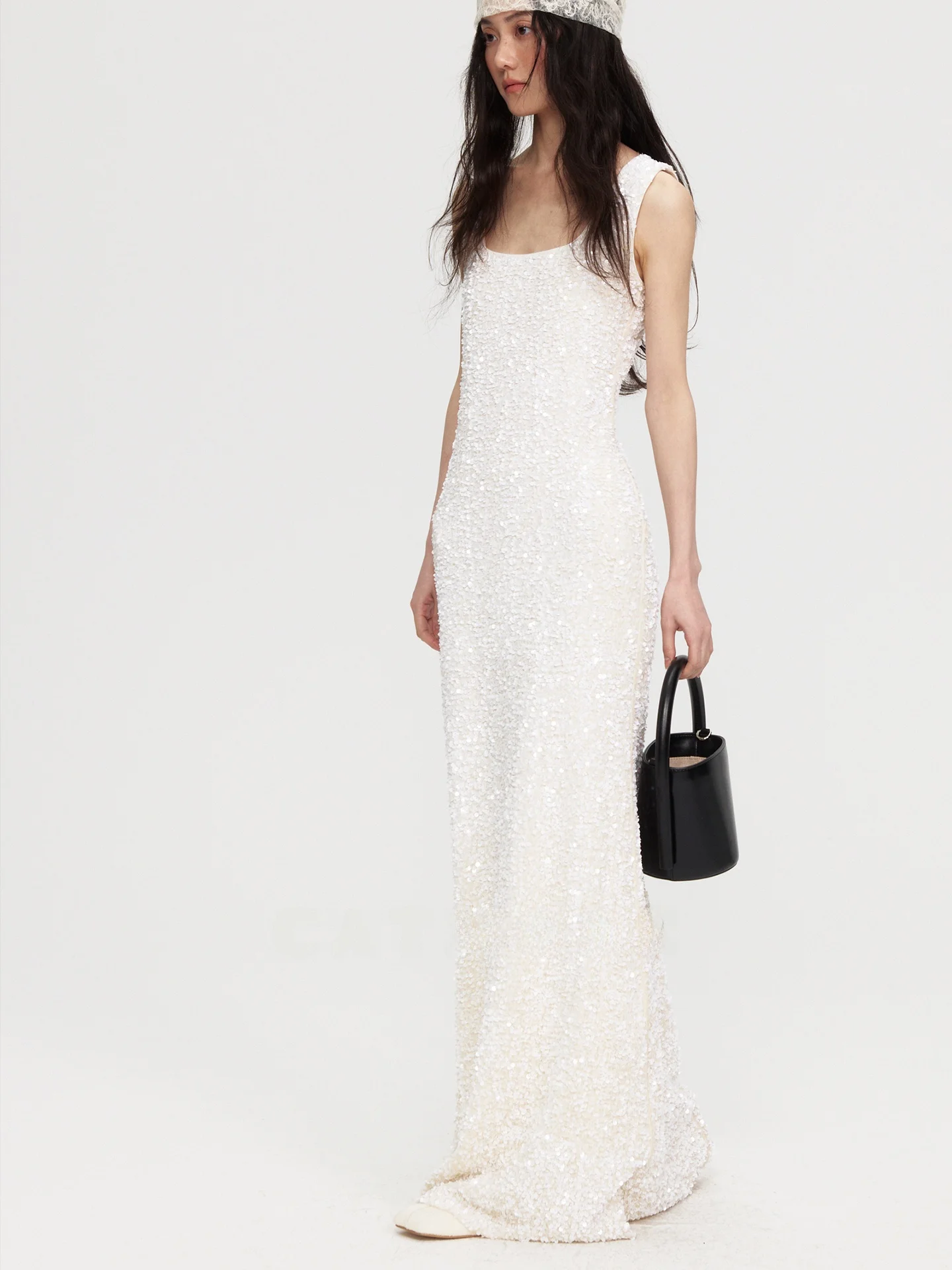 

Ele White Sequin Svel Velvet Fi Tail Dr High Waist Evening Gown Women Faionable Zipper Sle Long Skirt Length