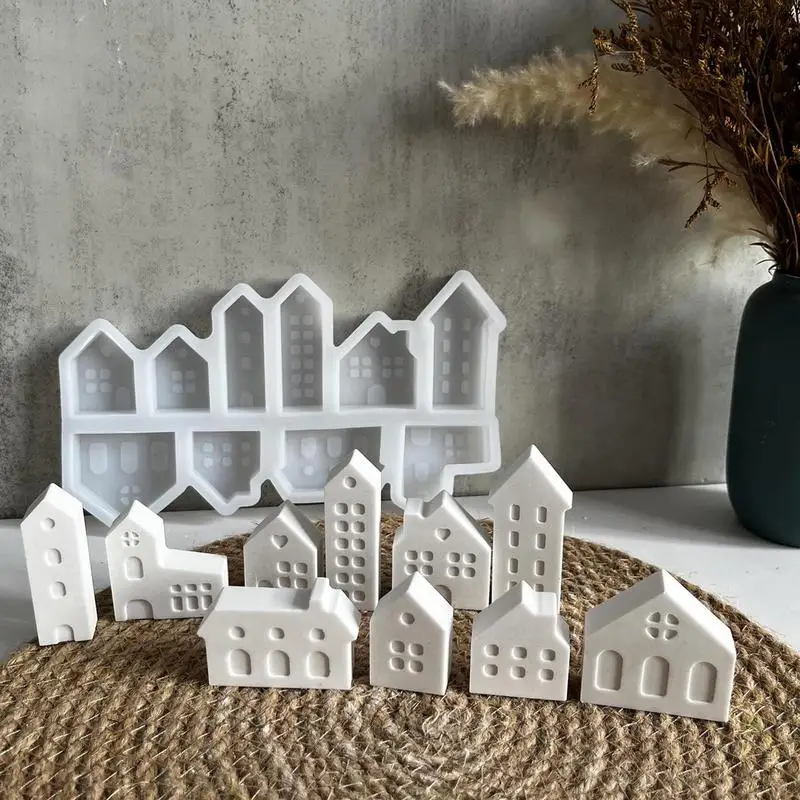 10-hole Houses Silicone Mold Small House Resin Art-Miniature Landscape Plaster Molds Village House Aroma Candle Resin Mold