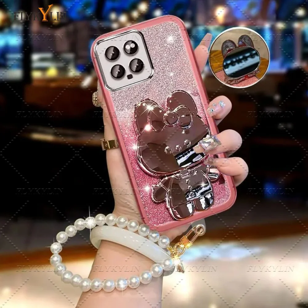 Luxus Kaninchen Spiegel Halterung Telefon Fall Für Samsung M16 M36 M56 M15 M35 M55 M14 M34 M54 M13 M33 Perle Glitter Schutzhülle