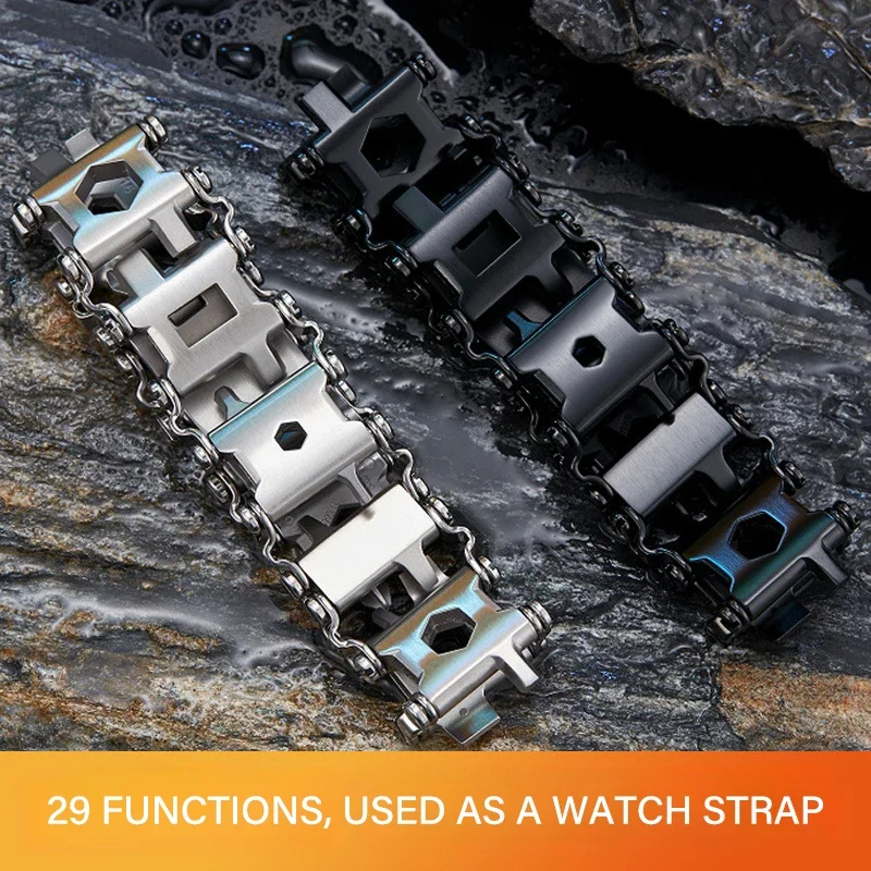 29in1 Multi-Purpose Bracelet Tool Stainless Steel Outdoor Multifunctional Wristband Bolt Watch Strap Tool Kit Screwdriver Wrench