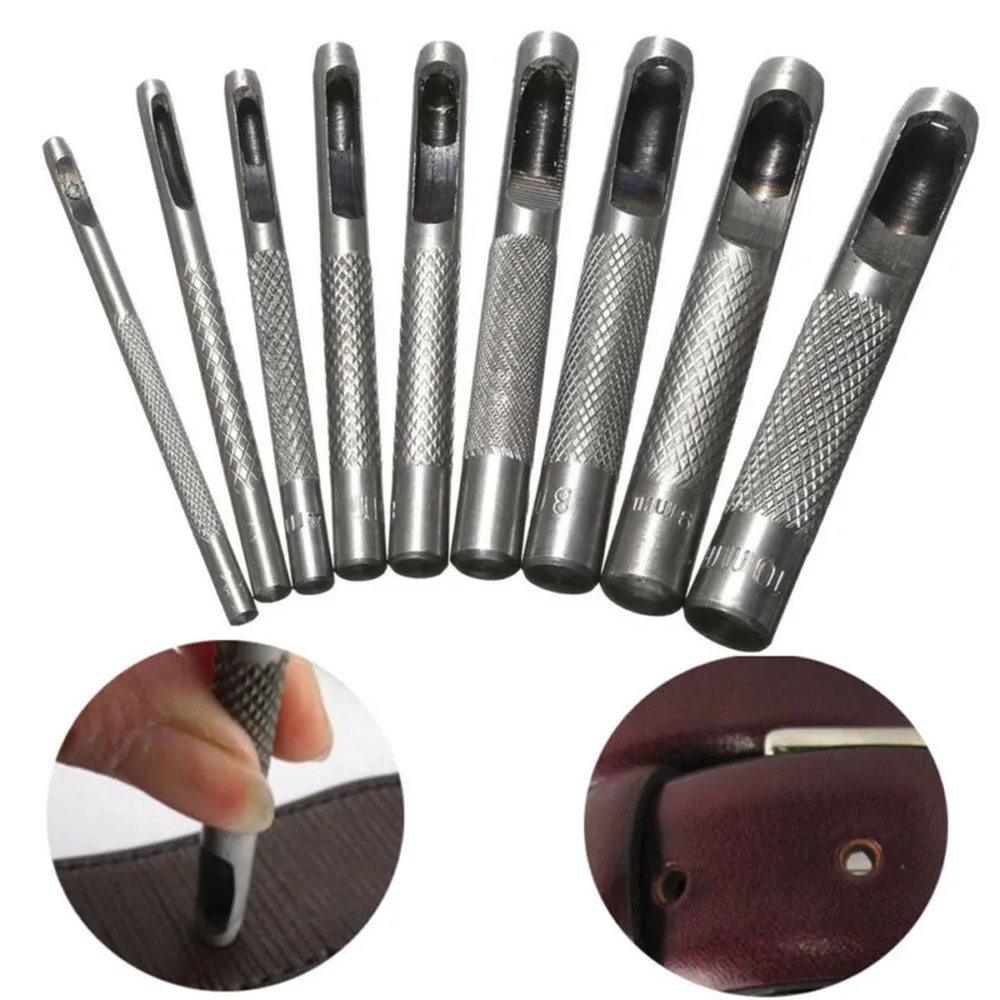 

Hollow Punch Tool Kit 9 Piece Set for Leather Gasket and Sheet Metal Carbon Steel Punches with Easy Grip Knurled Handles