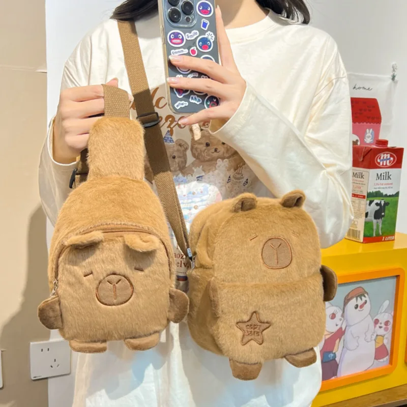 

Capybara Embroidery Crossbody Bag Y2K Women Fall Winter Kawaii Cartoon Plush Mobile Walk Chest Bag Mink Fur Crossbody Bag New