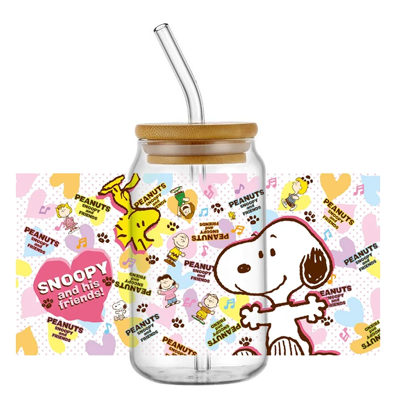 Miniso Cartoon Snoopy UV DTF Cup Wrap For 16oz Libbey Beer Glass Can Cup Wrap UV DTF DIY Sticker Cartoon Selfadhesive