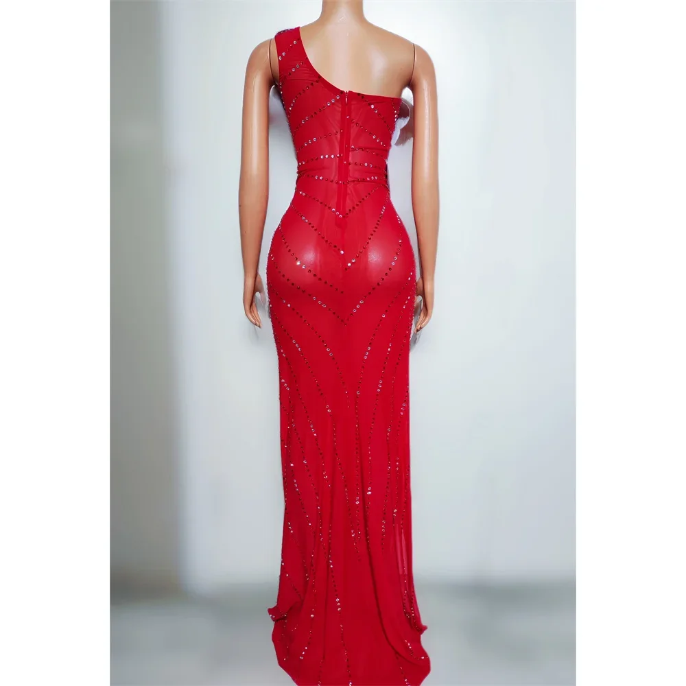 Elegant Long Dress Single Shoulder Red Flower Crystal WomenWedding Party Evening Birthday Celebrate Model Singer Stage Costume