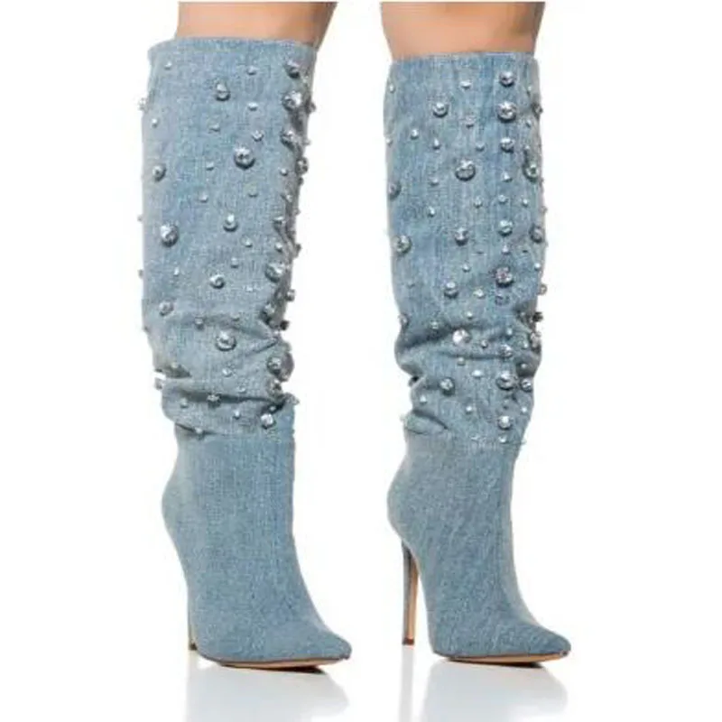 Light Blue Denim Jeans Pointed Toe Crystal Rhinestone Thin Heels Knee High Boots Pure Hand Made Long Botas Shoes Women Size 44