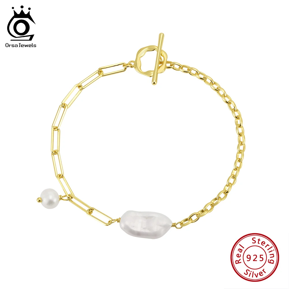 

ORSA JEWELS 925 Sterling Silver Cultured Freshwater Pearl Link Chain Bracelet Original OT Pearl Bracelet Birthday Gifts GPB43