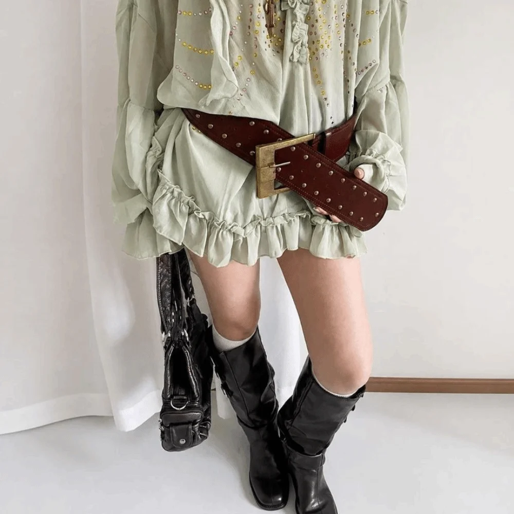 Plus Size Wide PU Leather Belt Heavy-Industrial Design Western Cowboy Style Rivet Waist Belt Rivet Patchwork Trendy Punk Style