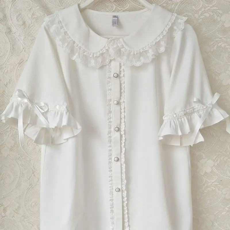 2000s Japanese Style Peter Pan Collar Top French Elegant Slim Women Shirts Y2k Harajuku Vintage Lolita Sweet Short Sleeve Blouse