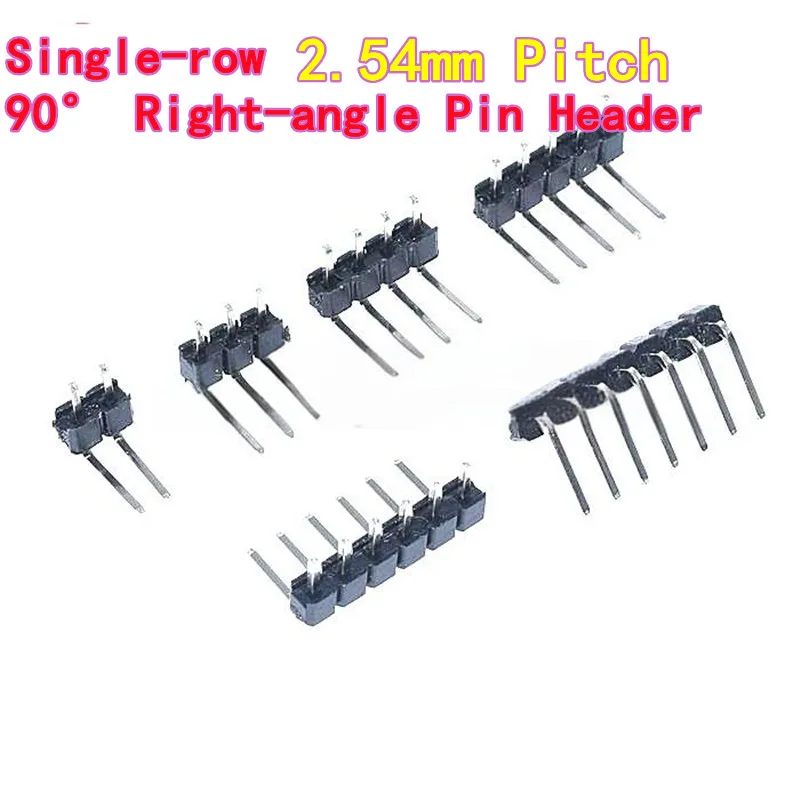 50PCS Single-row 90° Right-angle Pin Header 2.54mm Pitch 1×2P/3P/4P/5P/6P/8P/10P/40P, Normal Bend  Reverse Bend Iron Pins