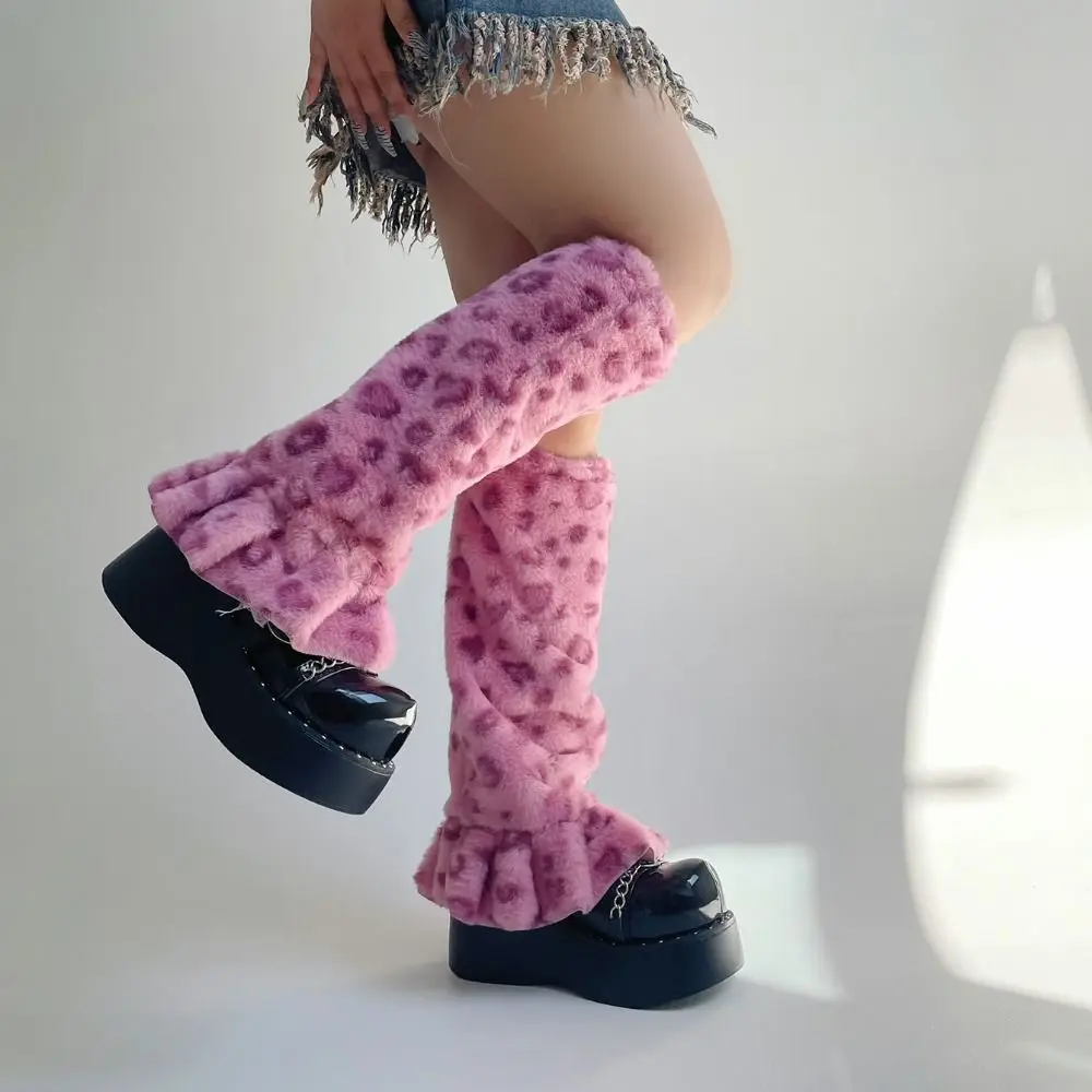 Vintage Leopard Print Winter Leg Warmers Dot Stripe Pleated Plush Leg Coverings Y2K Lolita JK Furry Leg Warmers Accessories