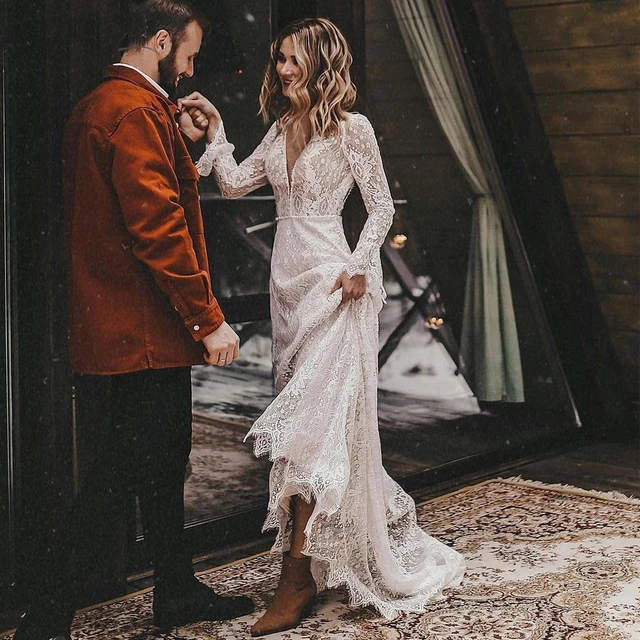 Bohemian Beach Lace Wedding Dresses Long Sleeve Western Country Cowgirl  Bridal Gowns V-neck Fashion Vestido De Noivas - Wedding Dresses - AliExpress