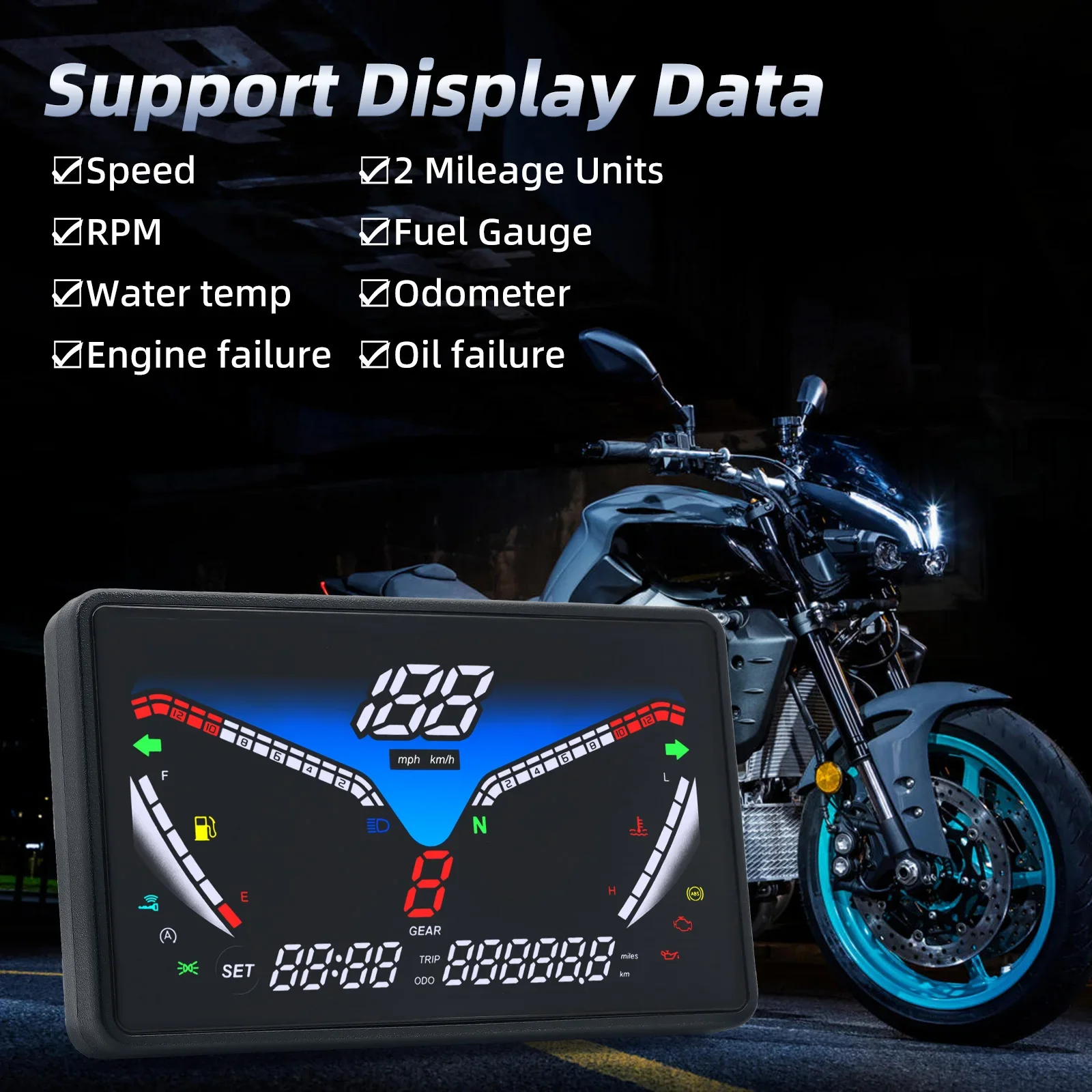 Digital Dashboard LCD Instrument Motorcycle Speedometer Tachometer Turn Light KMH MPH Speed Water Temp Oil Meter Clock 12V