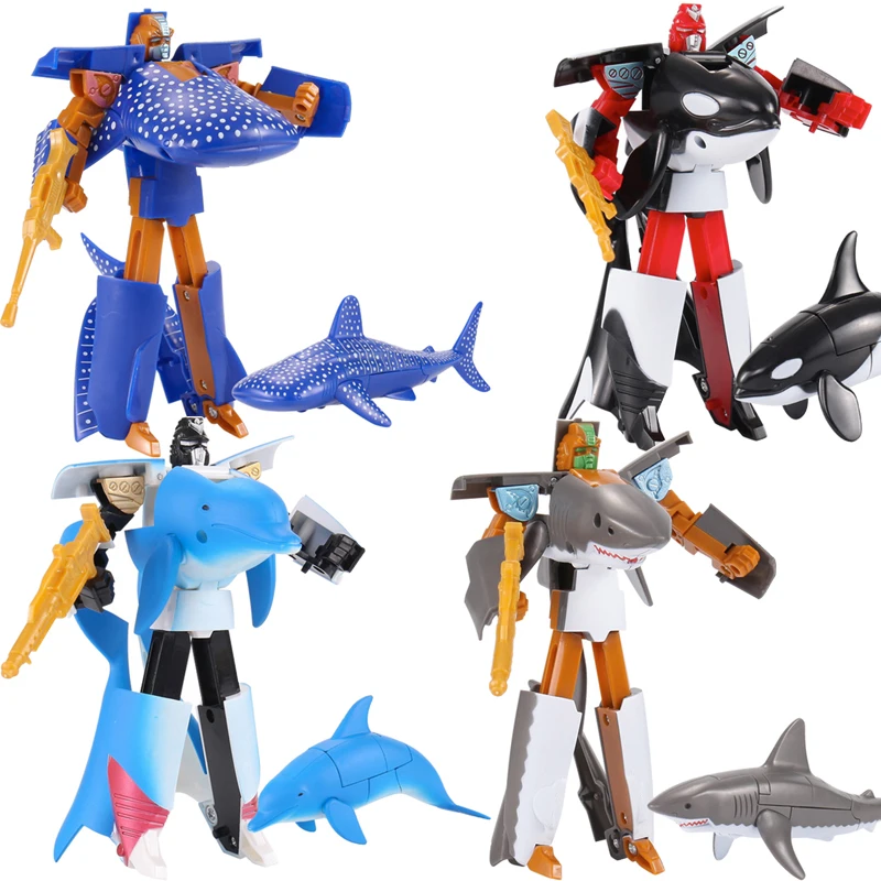 Figurine robot DolDave Transformation requin et baleine pour enfants, figurine d'action, animaux de dessin animé, collection dos, jouets en plastique, vie marine, 16cm