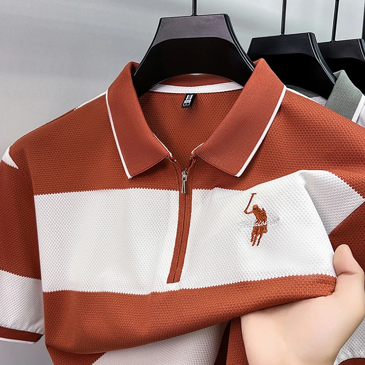 Modisches gestreiftes, farblich abgesetztes Kurzarm-Poloshirt für Herren High-End-Marke Pony-Stickerei Sommer, Golf, Freizeit, neues T-Shirt mit halbem Reißverschluss – Detail 9