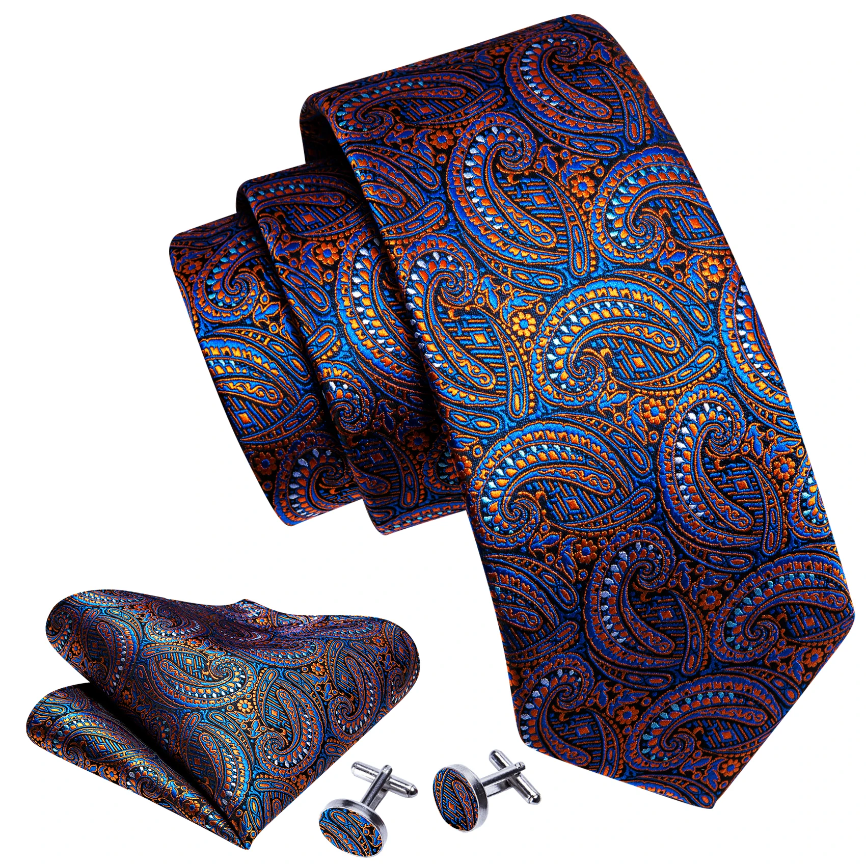 Fashion Blue Paisley Men Silk Necktie Brooches Men Tie Handkerchief Cufflinks Sets Men Gift Barry.Wang Designer