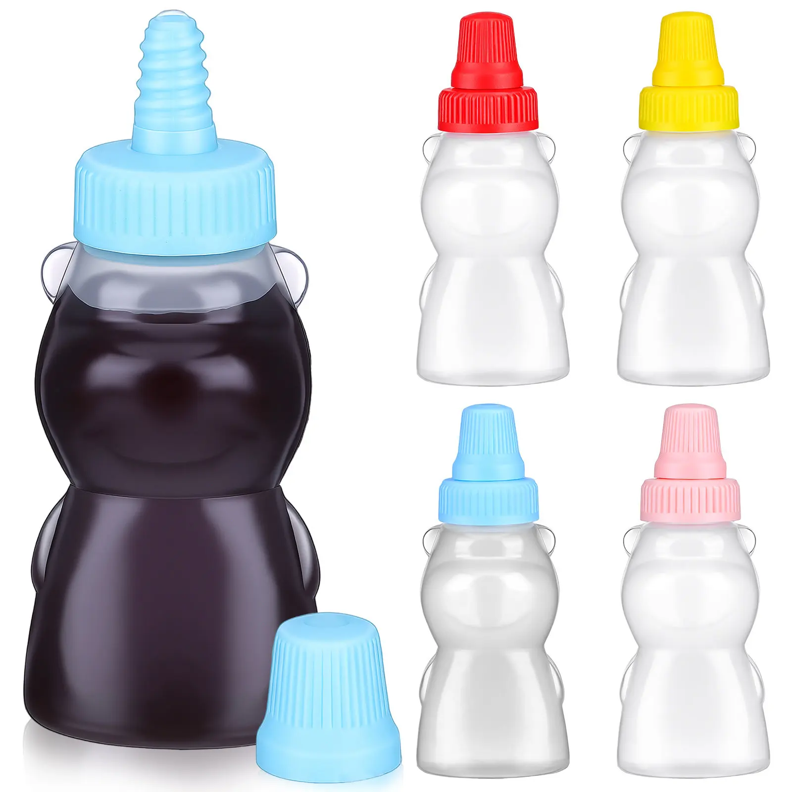 Juego de 8 Mini Botellas de Salsa con Forma de Oso, Recipientes Pequeños Reutilizables para Salsa de Soja, Kétchup, Miel, Aderezos, Picnic y Camping