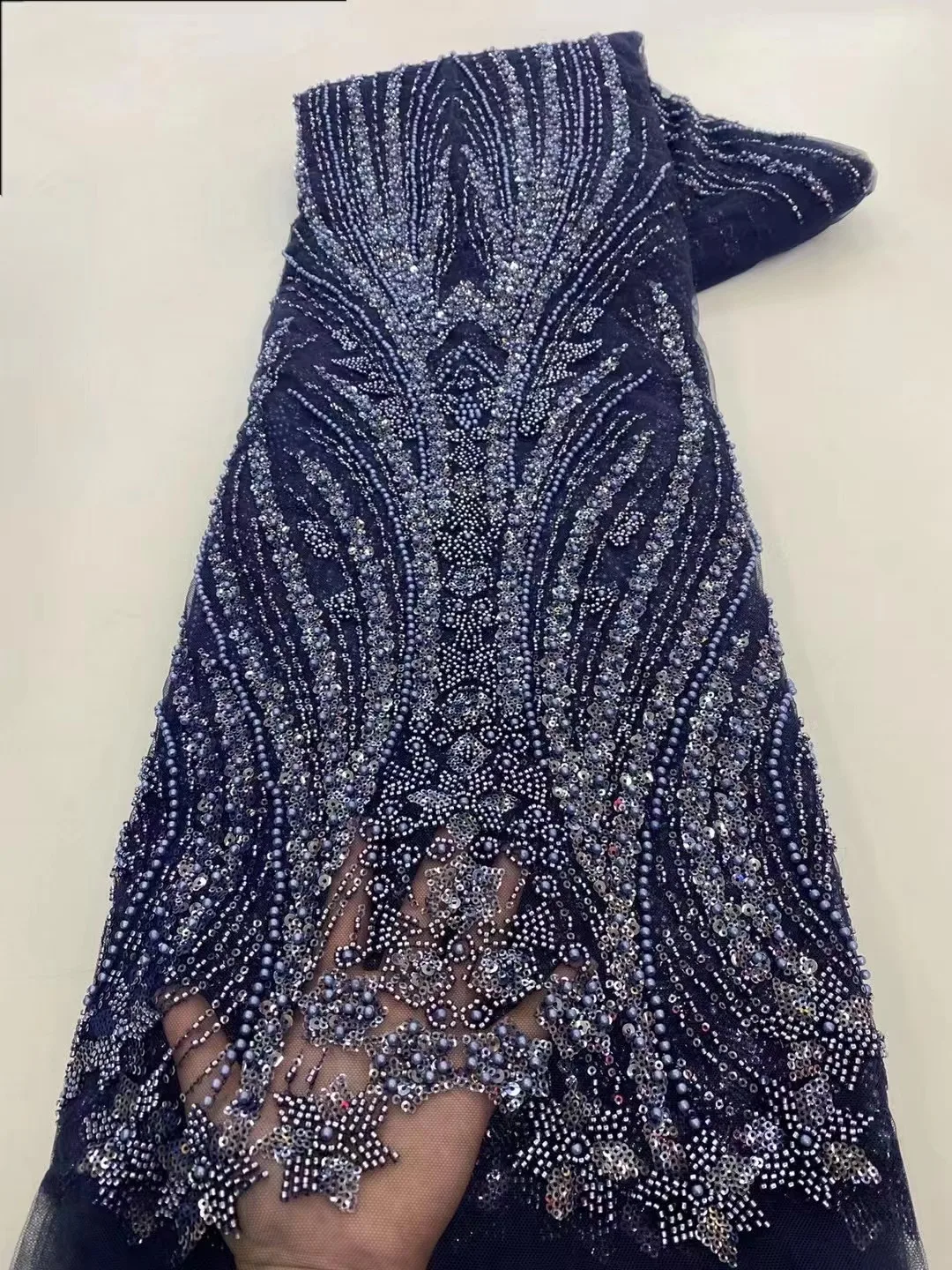 Navy Blue Sequin Luxury Beads Lace African 2024 High Quality 5 Yards Handmade Sequins Fabric Nigeria For Evening Party Dress