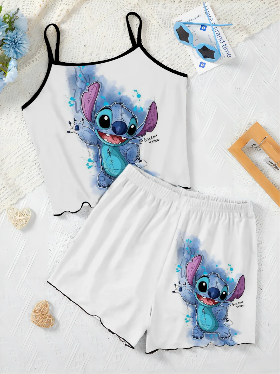 Damen anzug Salat besatz Pyjama Rock kurze Sets Slip Kleid Stich Top Disney T-Shirt Stücke elegante 2-teilige Disney Home Kleid