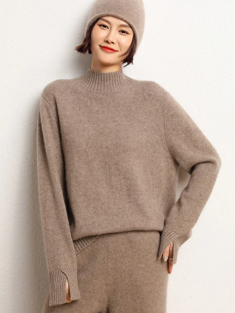 Korean Popular Women's Sweater Pullover 100% Cashmere Winter Sweater Mock Neck Pullover Split Cuff Thicked Warm Female Clothing