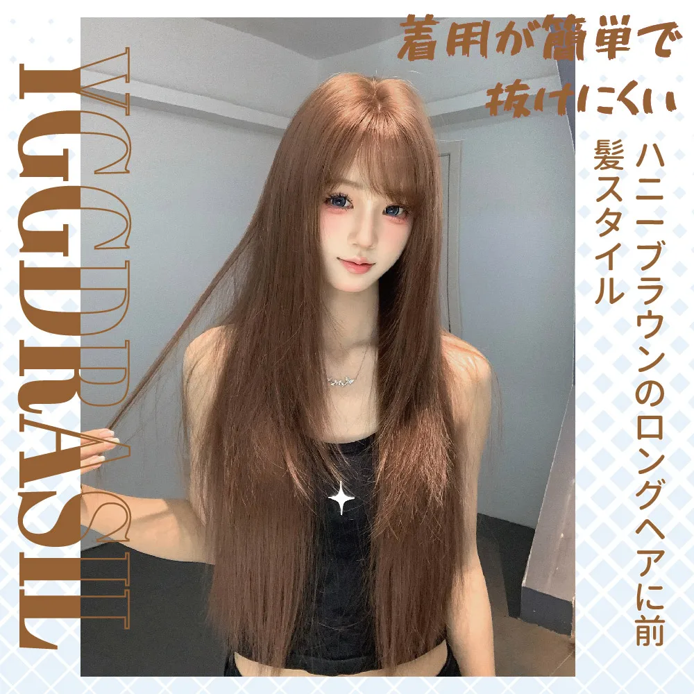 28 بوصة العسل البني لطيف نمط الأزياء الباروكات الاصطناعية مع الانفجارات شعر مستعار طويل مستقيم للنساء الاستخدام اليومي مقاومة للحرارة #3