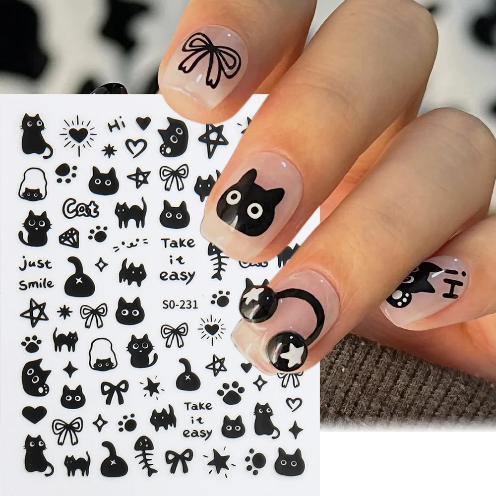 Black Cat Nail Stickers Cute Cartoon Pop Comic Nail Decals Y2K Kawaii Bows Charms Love Heart Words Sliders for Manicure NLSO-231