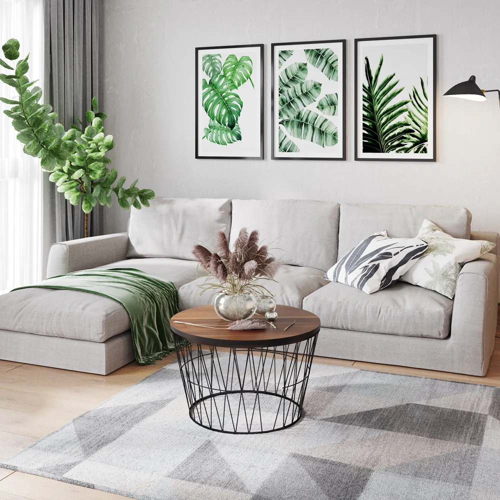 Modern Round Coffee Table MDF Wood Top with Geometric Metal Base Compact Accent Table Small Spaces Living Room Office