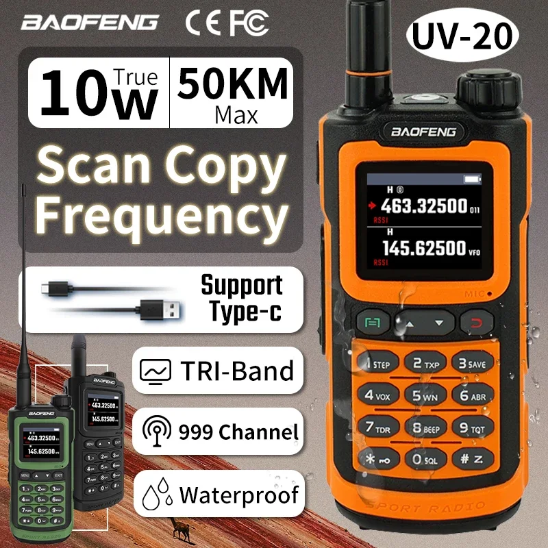 Baofeng UV-20L Walkie Talkie Copy Frequency Powerful Type-C Long Range Waterproof Ham FM Radio Two Way UHF VHF Tri-Band Radios