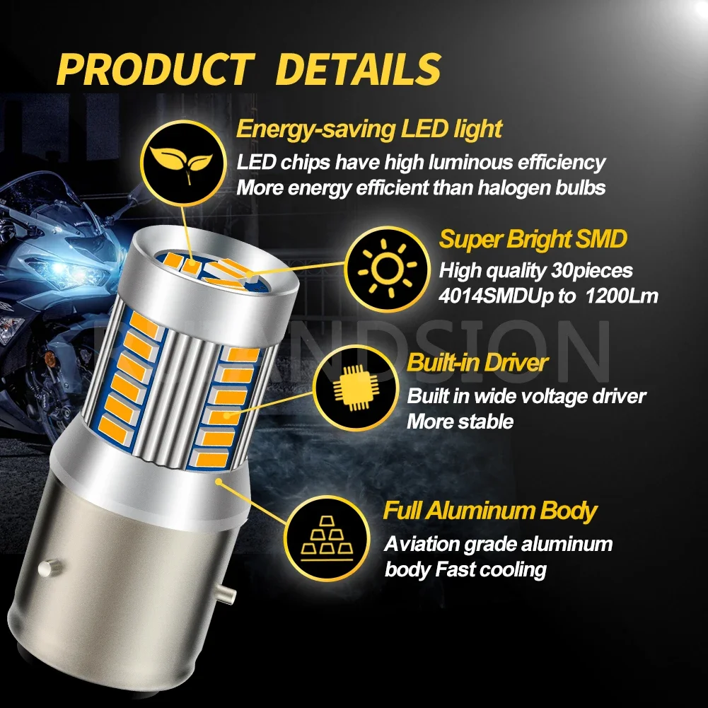 2Pcs BA21D LED Headlight BA20D H6M P15D BAX15D P15D-25-3 Motorcycle Head Lamp Bulbs Warm White DC 6-30V for Moped Scooter 12V