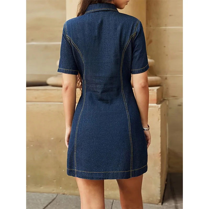 Benuynffy Turn-Down Collar Zip Up Denim Dress Women Summer Short Sleeved Retro Washed Slim Fit A-line Casual Female Mini Dresses - view 2