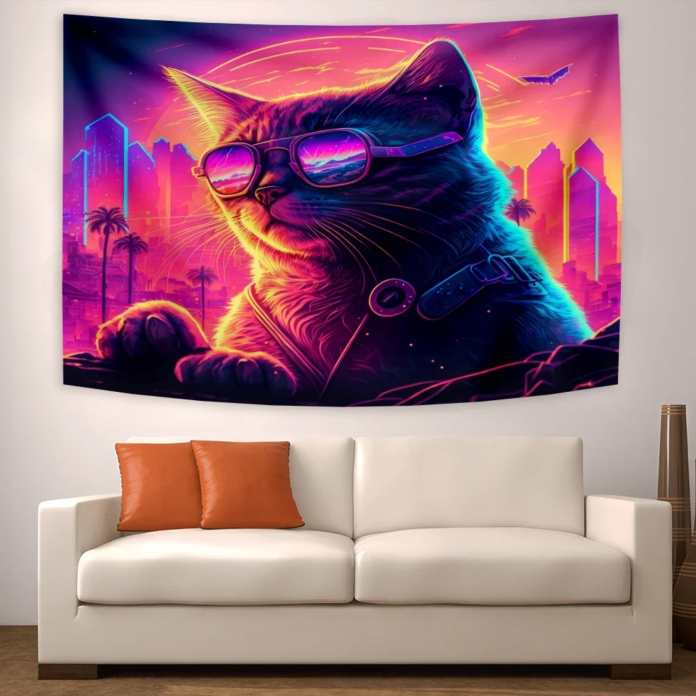 

90x70cm Cat Fluorescent Tapestry Aesthetic Poster Hanging Cloth House Room Psychedelic Flag Decoration On Wall