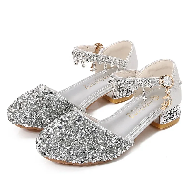 Children's High Heels Fashion Summer New Tassel Girls' Crystal Princess Shoes Silver Performance Dress Shoes Girls' Sandals