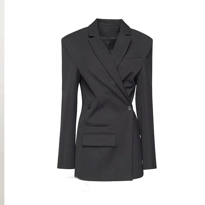 Women\'S Suit R0*Black Wool Double-Breasted Slash Lapel Shoulder Pads Ladies Casual Blazer